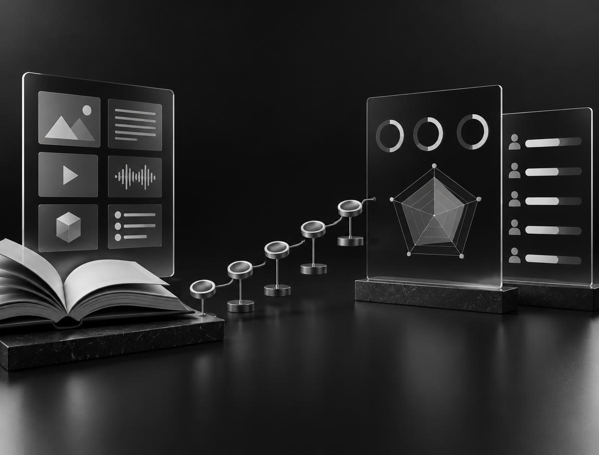 Stylised black-and-white illustration for AI Trainer: an open book and learning content lead along a six-step path to learner progress gauges, a capability radar and team development bars.