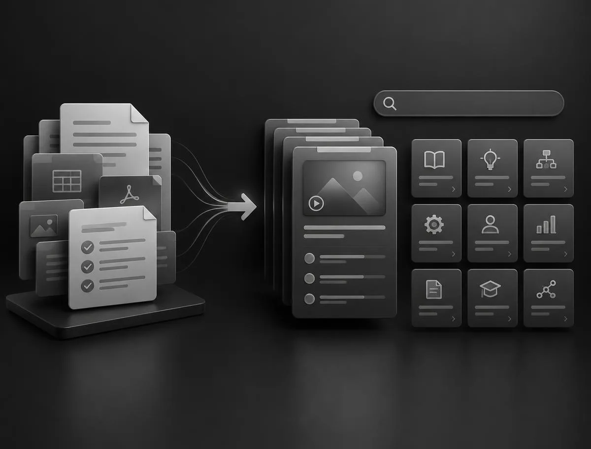 Stylised product illustration for Learning Vault showing company documents converting into structured learning modules beside a searchable knowledge library.