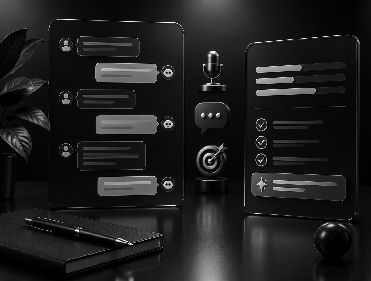 Stylised product illustration for Sales Coach Live showing a practice conversation with an AI counterpart beside coaching feedback with strengths, gaps and a suggested next response.