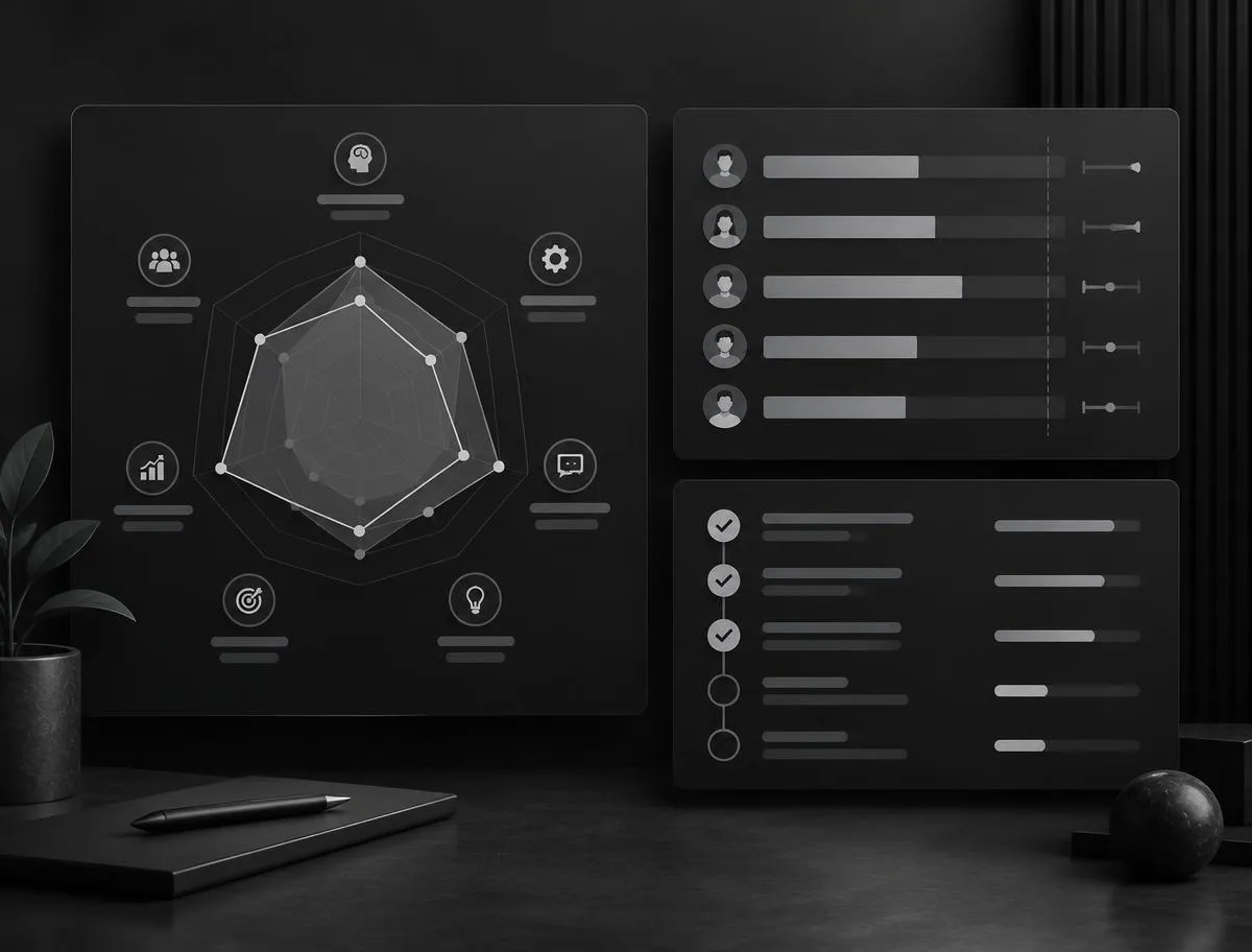 Stylised product illustration for Skill-Insight-AI showing a capability radar chart, team skill-gap bars and a development plan tracker on a dark dashboard.